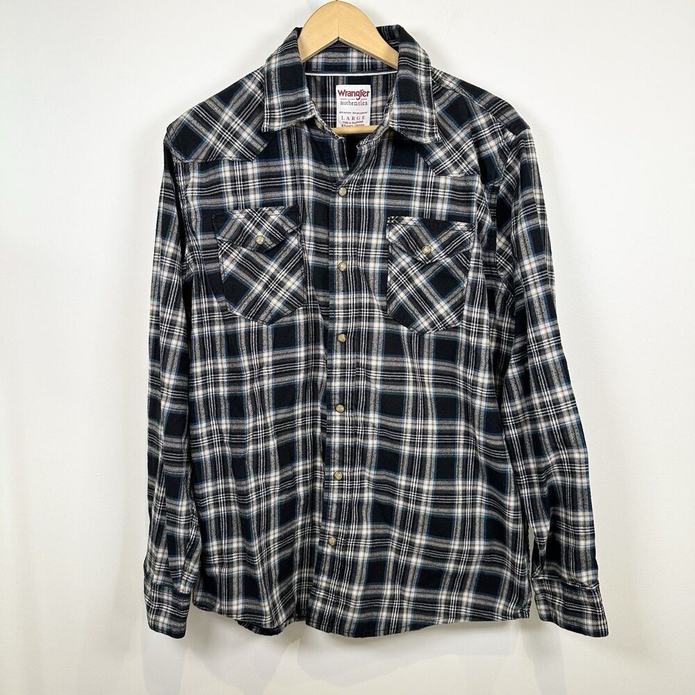 Wrangler Pearl Snap Shirt Mens Large Black Flannel Cowboy Western Plaid Pockets